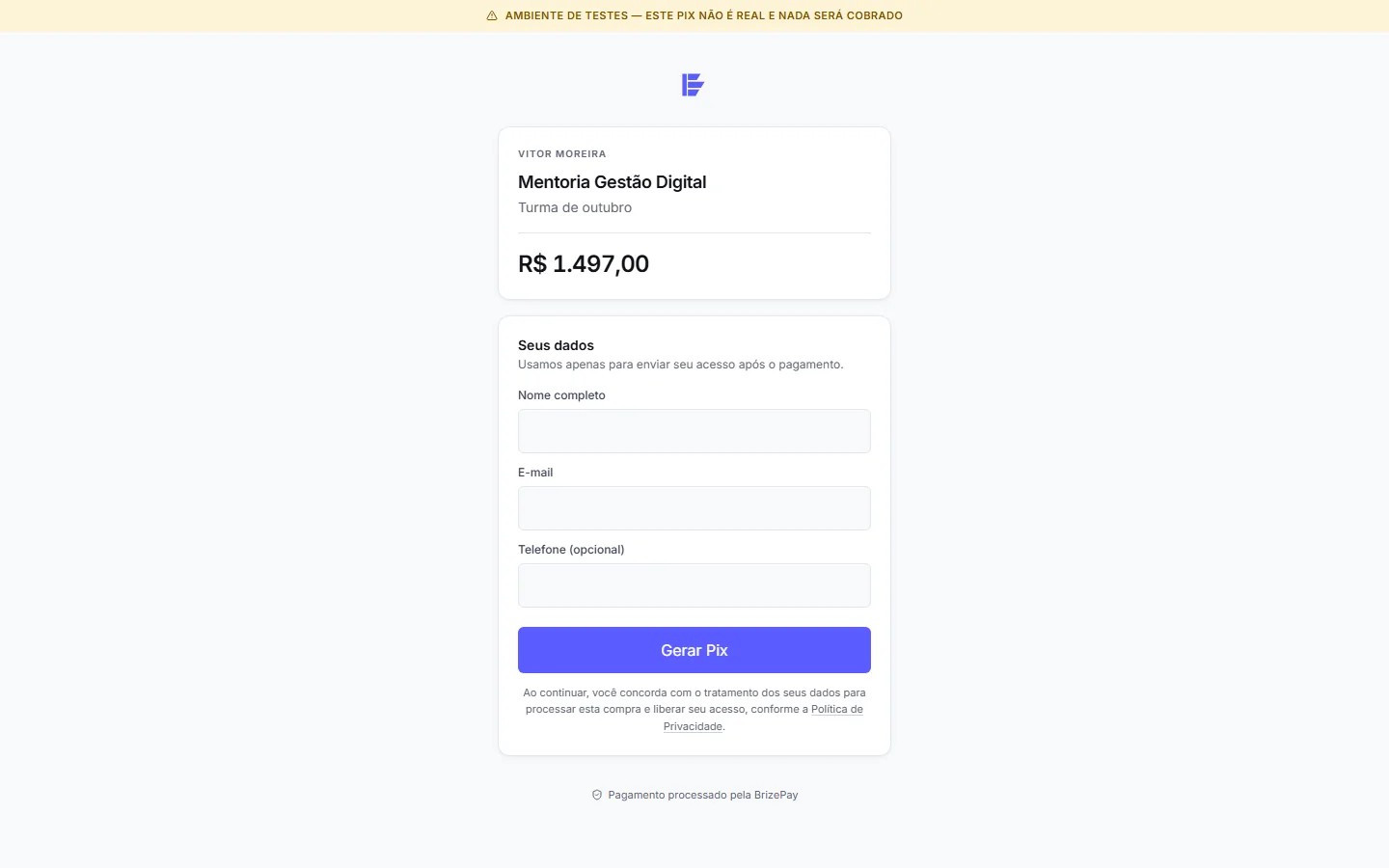 Checkout público com os dados do comprador e o valor da oferta
