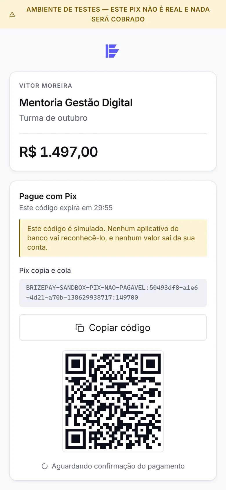 Checkout no celular com código Pix e QR code