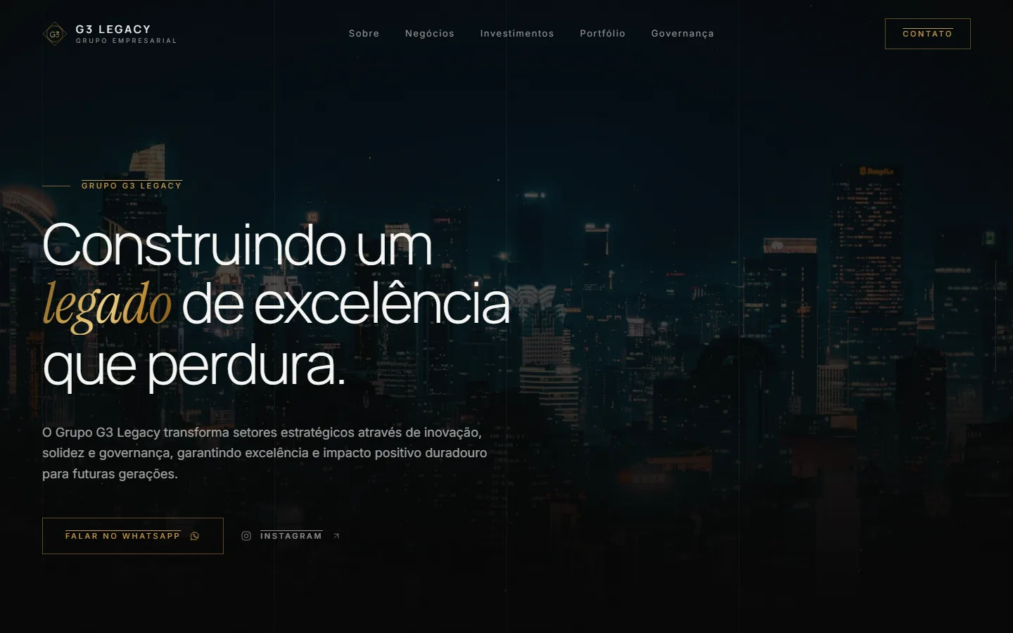 Página inicial do site do Grupo G3 Legacy com o título “Construindo um legado de excelência que perdura.”
