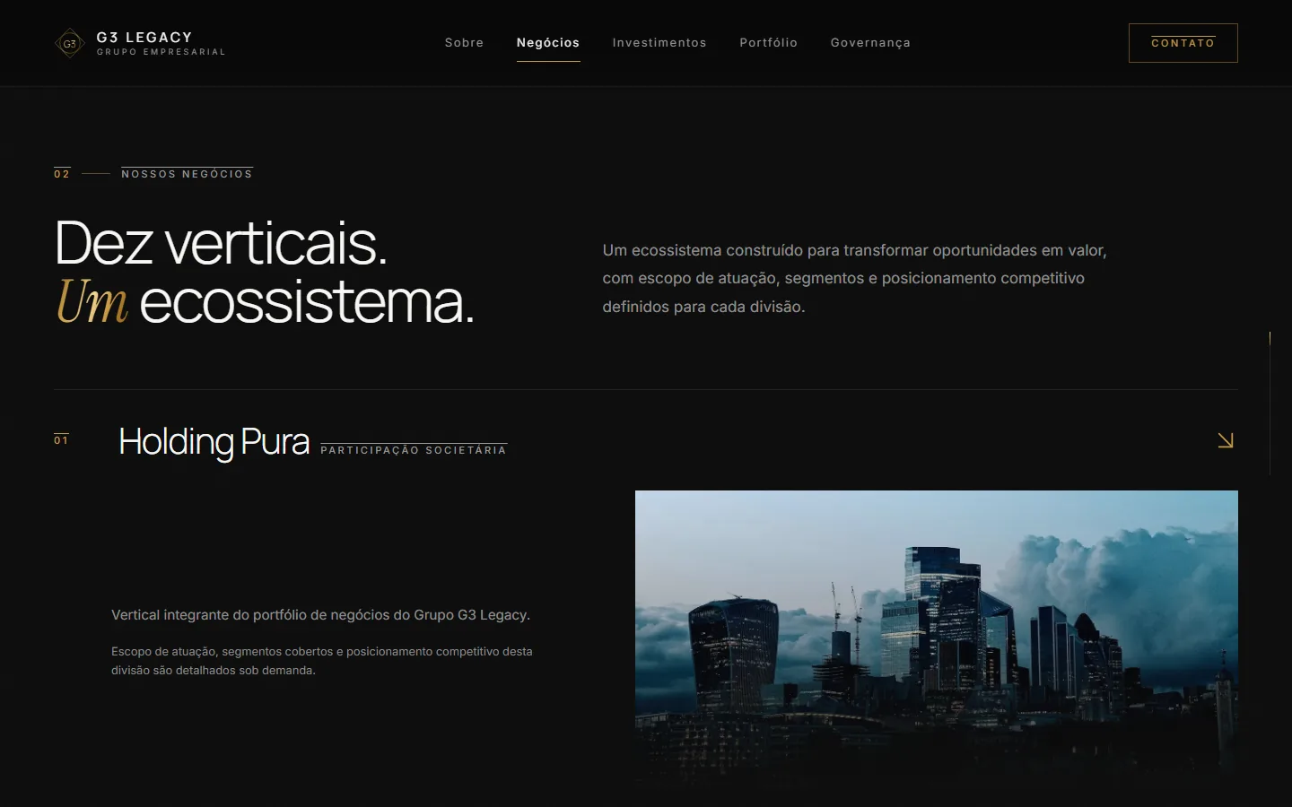 Seção Nossos Negócios com a lista das verticais do grupo