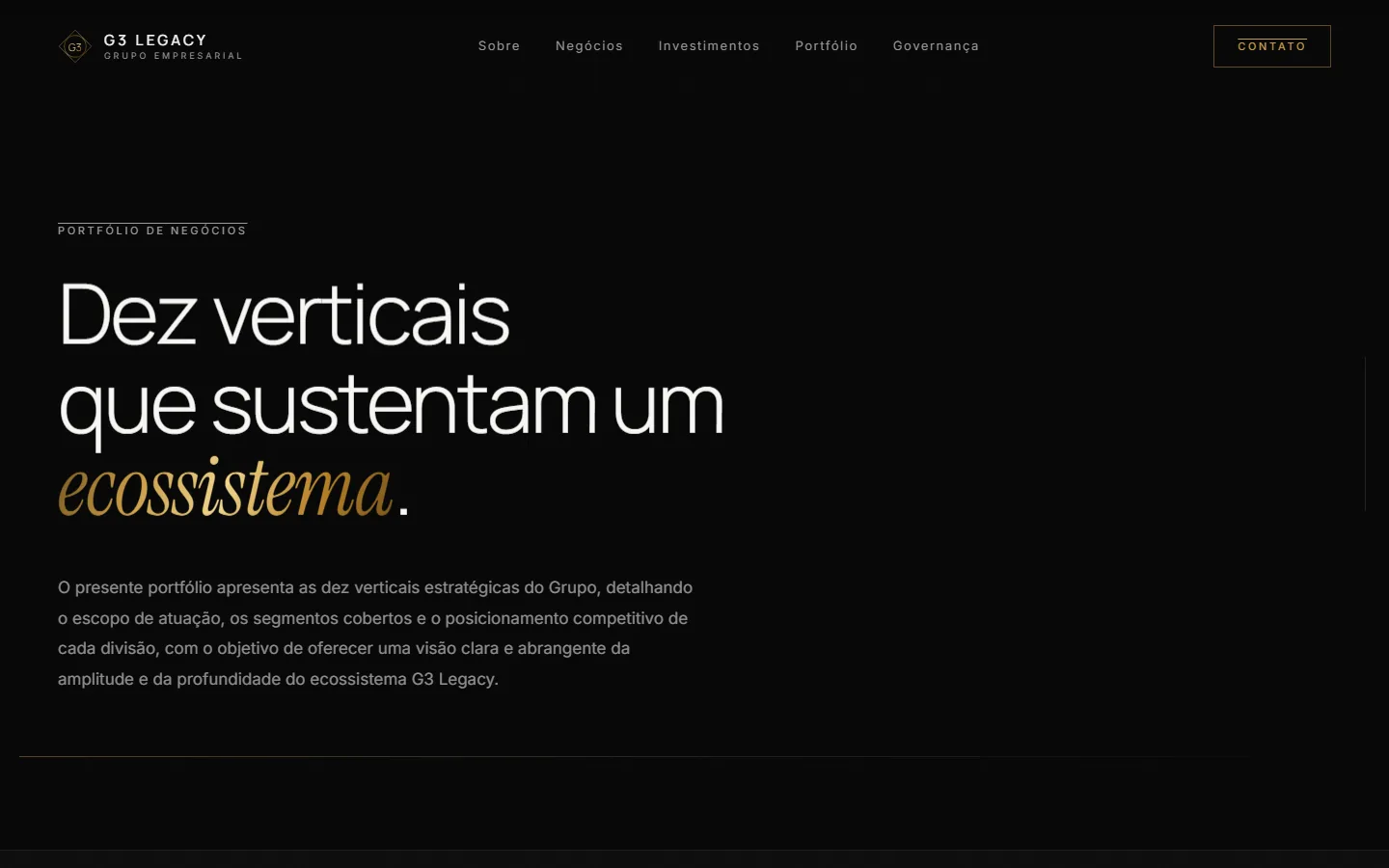 Abertura da página Portfólio de Negócios